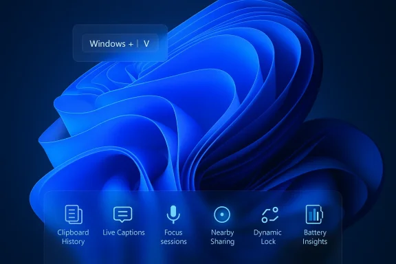 Futuristic Windows 11 interface graphic with app icons like Clipboard, Focus, and Battery Insights.