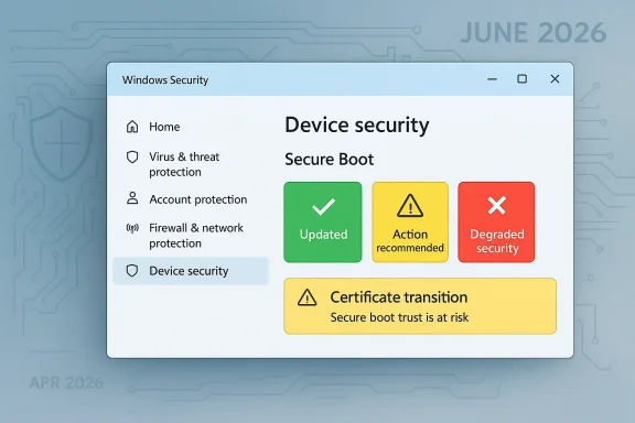 Windows Security device security screen showing Secure Boot status: Updated, Action recommended, Degraded security.
