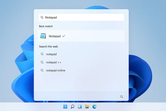 Windows search results showing “Notepad” on a blue desktop background.