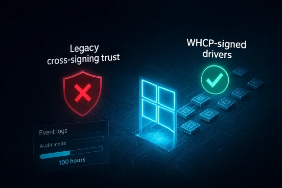 Futuristic cybersecurity graphic showing legacy cross-signing trust failure and WHCP-signed drivers approval.
