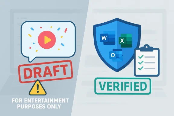 Digital icons show a shield-protected “verified” workflow alongside a “draft” play warning graphic.