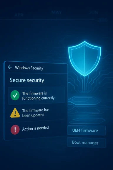 Windows Security screen shows “UEFI firmware” issues with firmware updated and action needed.