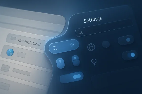 Abstract UI screen showing “Settings” and “Control Panel” with search and app icons.