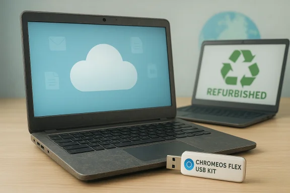 Two laptops and a “CHROMEOS FLEX USB KIT” drive on a desk, with one screen showing a cloud icon.