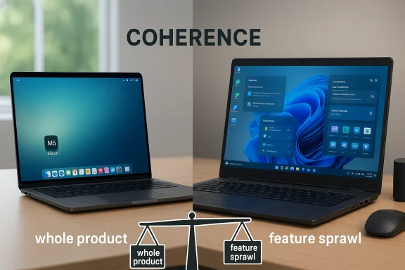 Two laptops on a desk with “COHERENCE” text and “whole product” vs “feature sprawl” labels.