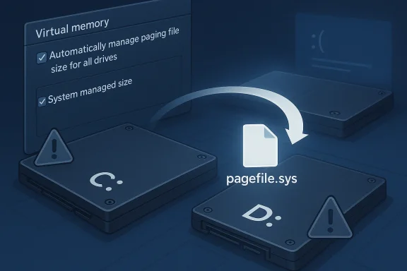 Blue illustration of two storage drives showing “pagefile.sys” and virtual memory paging managed automatically.