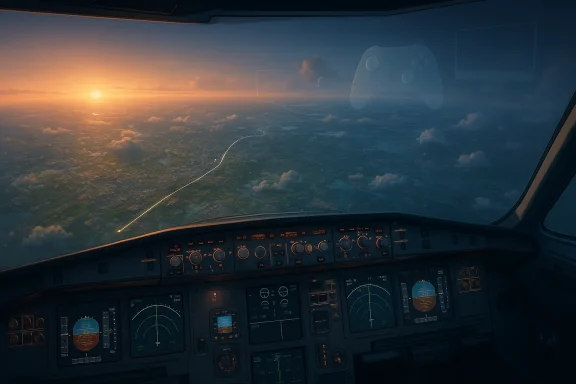 View from an airplane cockpit at sunrise over clouds and distant land with a flight-path line.