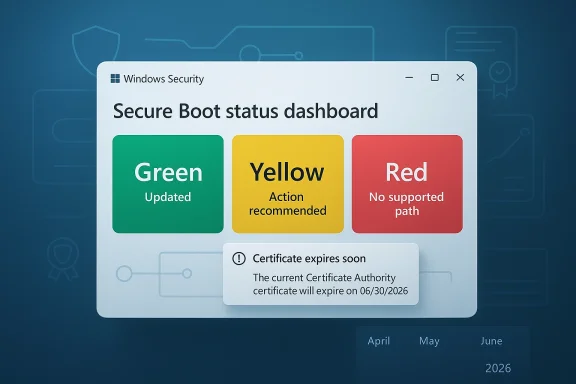 Windows Security Secure Boot dashboard shows Green (updated), Yellow (action recommended), and Red alerts.