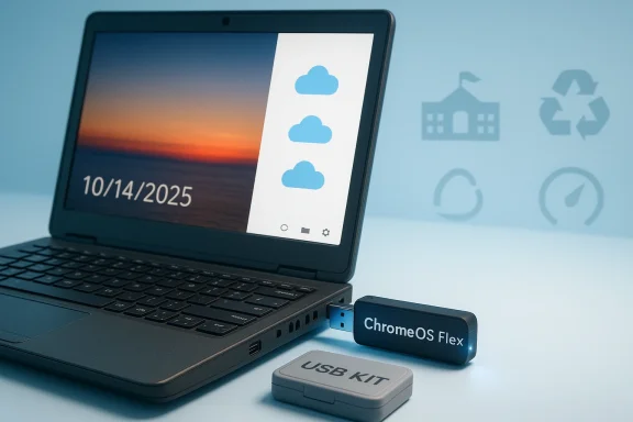 ChromeOS Flex setup shown on a laptop screen beside a USB kit device.