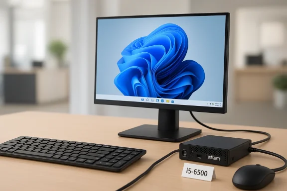 Computer workstation with monitor showing Windows 11 blue flower, keyboard, mouse, and i5-6500 mini PC.