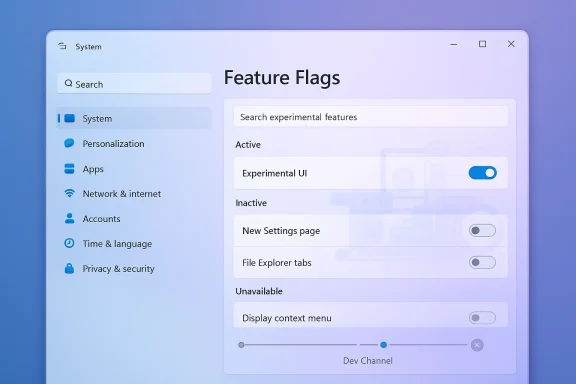Windows “Feature Flags” settings window showing experimental UI and other toggles.
