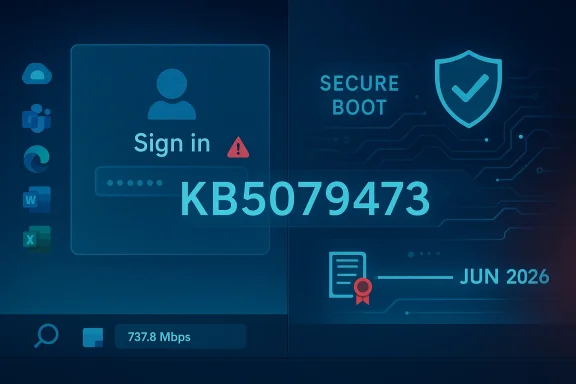 Secure boot login screen with key code KB5079473 and warning icon on a futuristic blue interface.