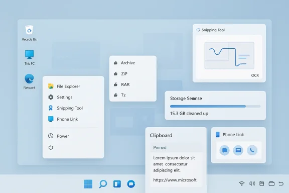 Windows desktop UI with File Explorer, Storage Sense, and clipboard cards.
