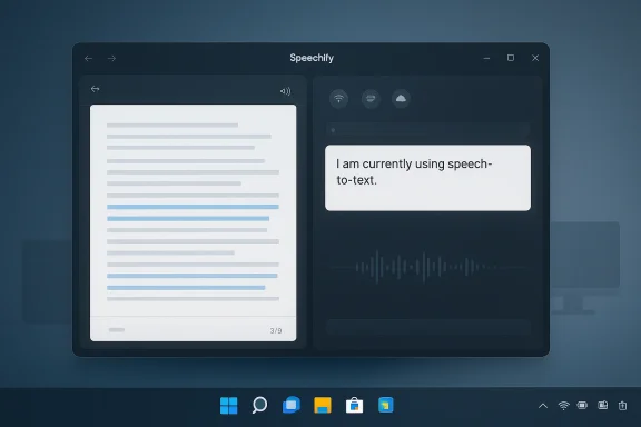 Screenshot of a “Speechify” interface showing speech-to-text transcription on a dark-blue app window.