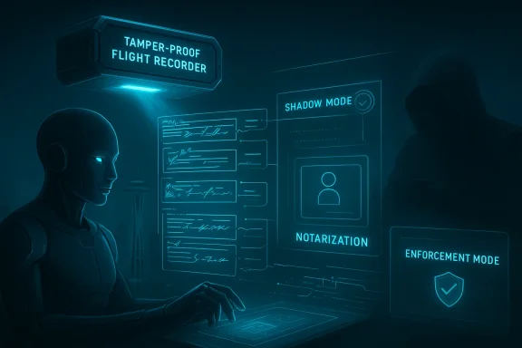 Futuristic hologram interface shows “Tamper-Proof Flight Recorder,” “Shadow Mode,” and “Notarization/Enforcement.”