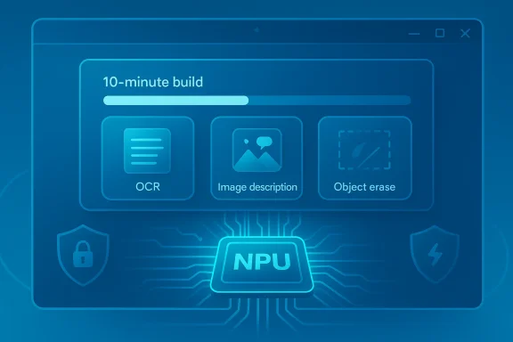 Blueprint-style UI showing an NPU chip and tools for OCR, image description, and object erase.