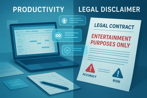 Split-screen illustration showing productivity and a “legal contract—entertainment purposes only” disclaimer.