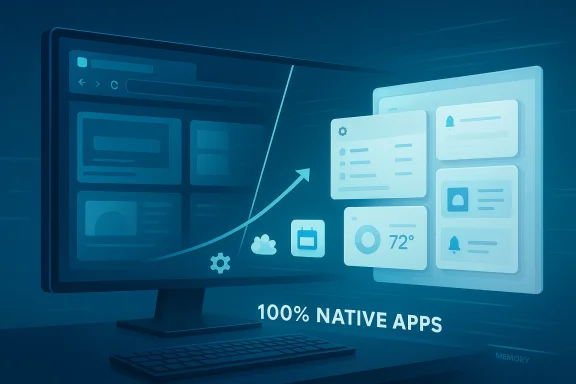 Futuristic computer display showing “100% NATIVE APPS” with app icons and a glowing growth arrow.