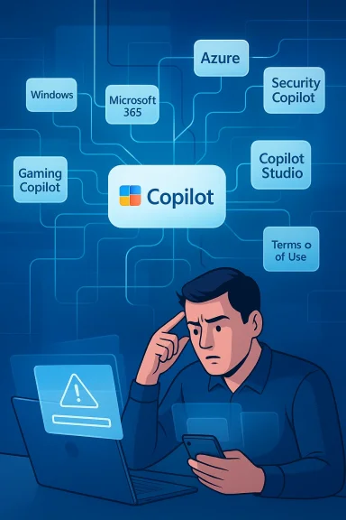 Illustration of a man using Copilot while cloud app tiles like Azure and Security Copilot surround him.