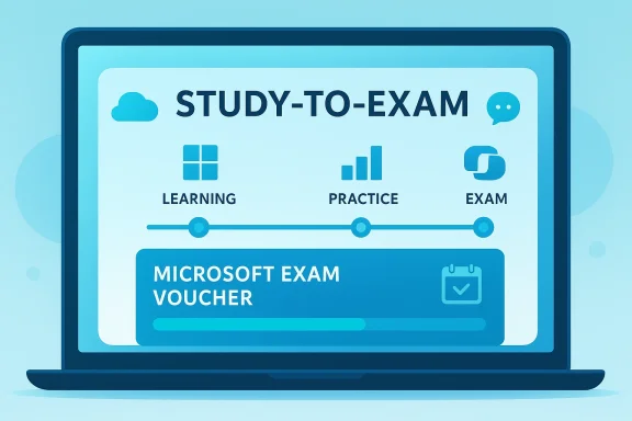 Laptop screen shows “Study-to-Exam” with learning, practice, and a Microsoft exam voucher.