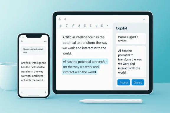 Two devices show a Copilot writing prompt about AI’s potential to transform work and interaction.