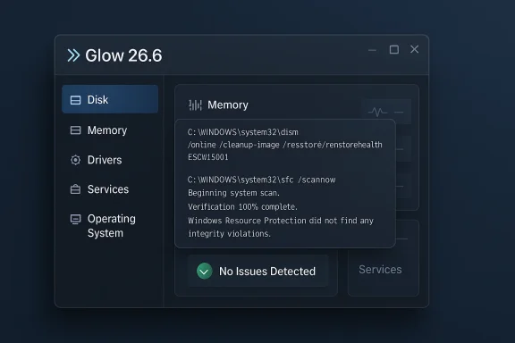 Windows Glow 26.6 tool shows DISM and SFC checks with “No Issues Detected.”