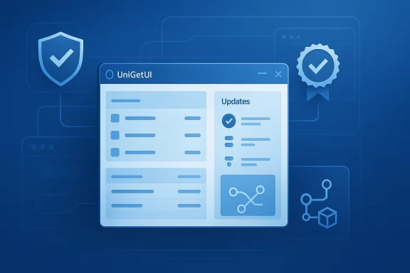 Abstract blue cybersecurity-themed UI showing UniGetUI update management and secure shield icons.