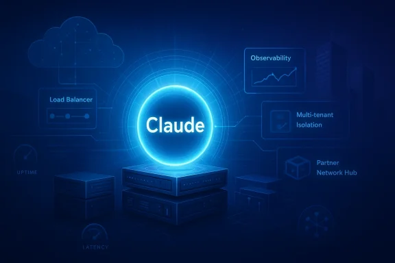 Futuristic cloud network graphic with a glowing “Claude” core and dashboard labels like observability.
