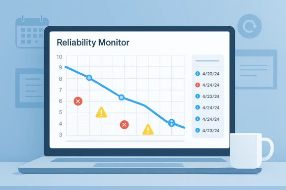 Reliability monitor dashboard on a laptop showing a downward trend line and warning icons.