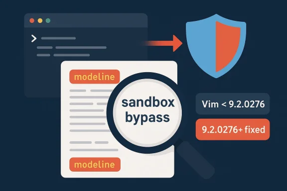 Illustration showing “sandbox bypass” security concept with modelines and a Vim version fix.