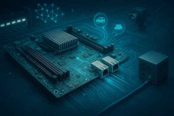 Teal-lit circuit board with USB ports and network icons overlaid for connected technology concept.