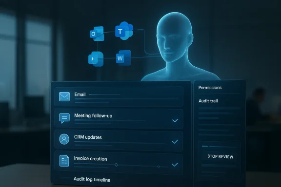 Futuristic AI dashboard showing email, meetings, CRM updates, and permissions with a glowing human figure.