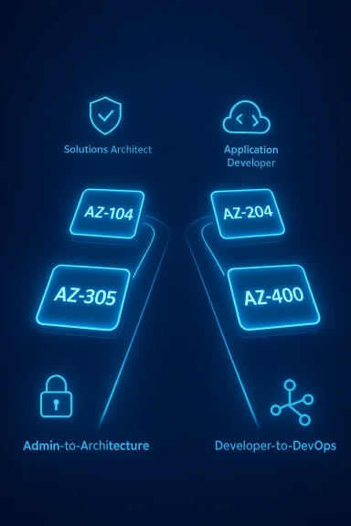 Neon blue architecture diagram mapping AZ-104, AZ-204, AZ-305, and AZ-400 roles and connections.