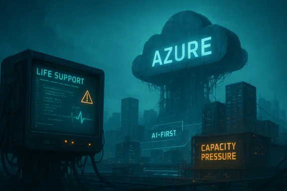 Neon cyberpunk city with glowing “AZURE” life-support holograms and warning screens.