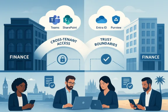 Illustration of office finance teams with cloud apps showing cross-tenant access and trust boundaries.