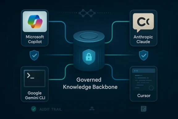 Diagram showing a “Governed Knowledge Backbone” connecting Microsoft Copilot, Anthropic Claude, Google Gemini CLI, and Cursor.