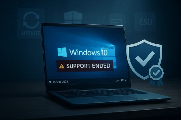 Laptop shows Windows 10 “Support Ended” warning with a security shield icon.