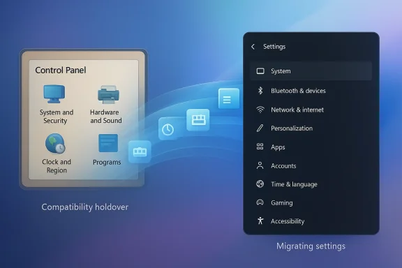 Side-by-side Windows interface showing Control Panel and Settings with “Compatibility holdover” and “Migrating settings.”
