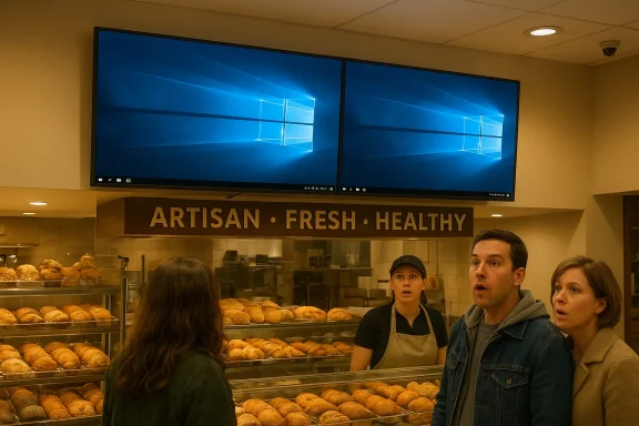 People watch a bakery display with “ARTISAN • FRESH • HEALTHY” signage above shelves of breads.