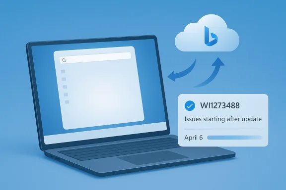 Laptop with cloud and update status card reading “Issues starting after update,” dated April 6.