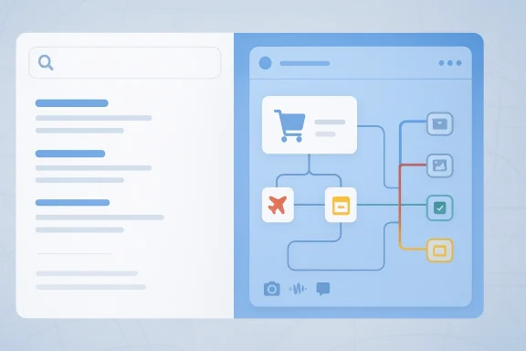Split-screen UI mockup showing a search/results panel and a blue network workflow diagram.