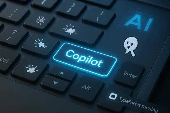 Close-up of a laptop keyboard with a glowing “Copilot” key and fun icon lighting.