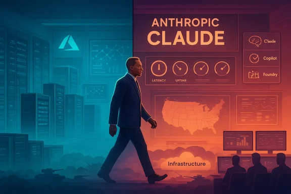 Futuristic data center scene with a man walking past screens reading “Anthropic Claude” and “Infrastructure.”