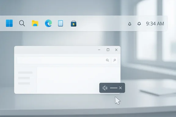 Windows-style desktop with search and a notification speaker icon at the center.