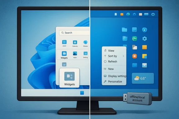 Dual-screen desktop shows Windows widgets menu with “offline/local account” indicator and settings overlay.
