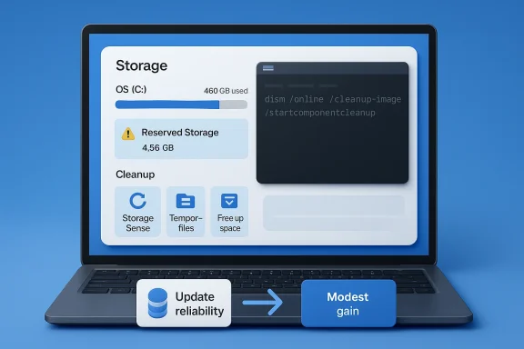 Laptop screen shows Windows storage management with reserved storage and cleanup options.