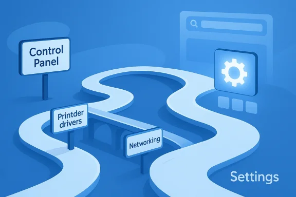 Futuristic network map showing control panel, print drivers, networking, and settings.