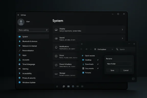 Windows 11 System settings screen with a rename dialog over File Explorer on a desktop.