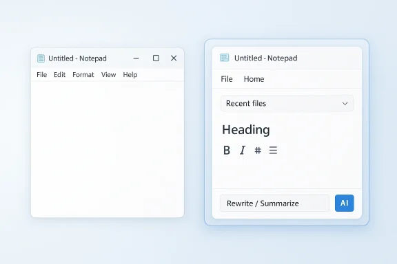 Side-by-side Notepad windows: empty editor on left, AI-assisted “Rewrite/Summarize” note on right.