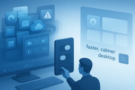 Illustration of a person using a mobile phone with floating app icons and “faster, calmer desktop” text.